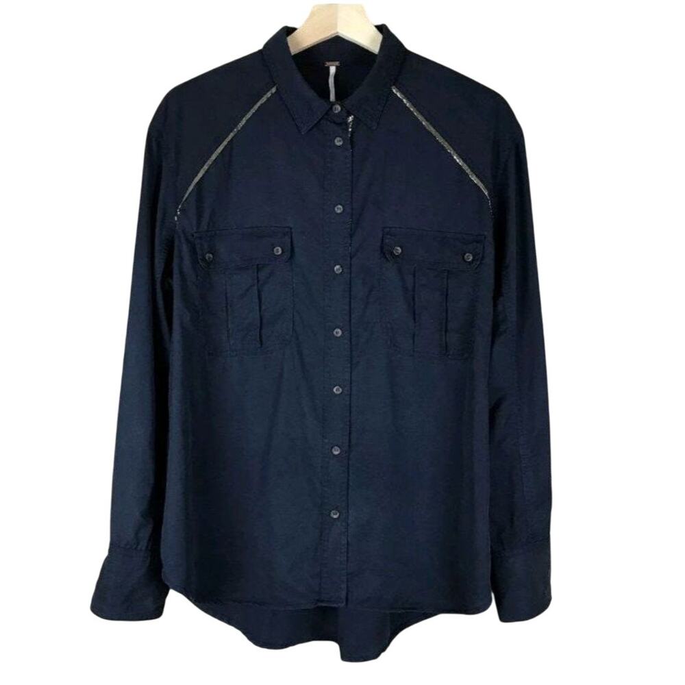 Free People OFF CAMPUS Button Up Shirt Top in Navy Blue Metallic Trim M NWT $108 - Picture 8 of 12